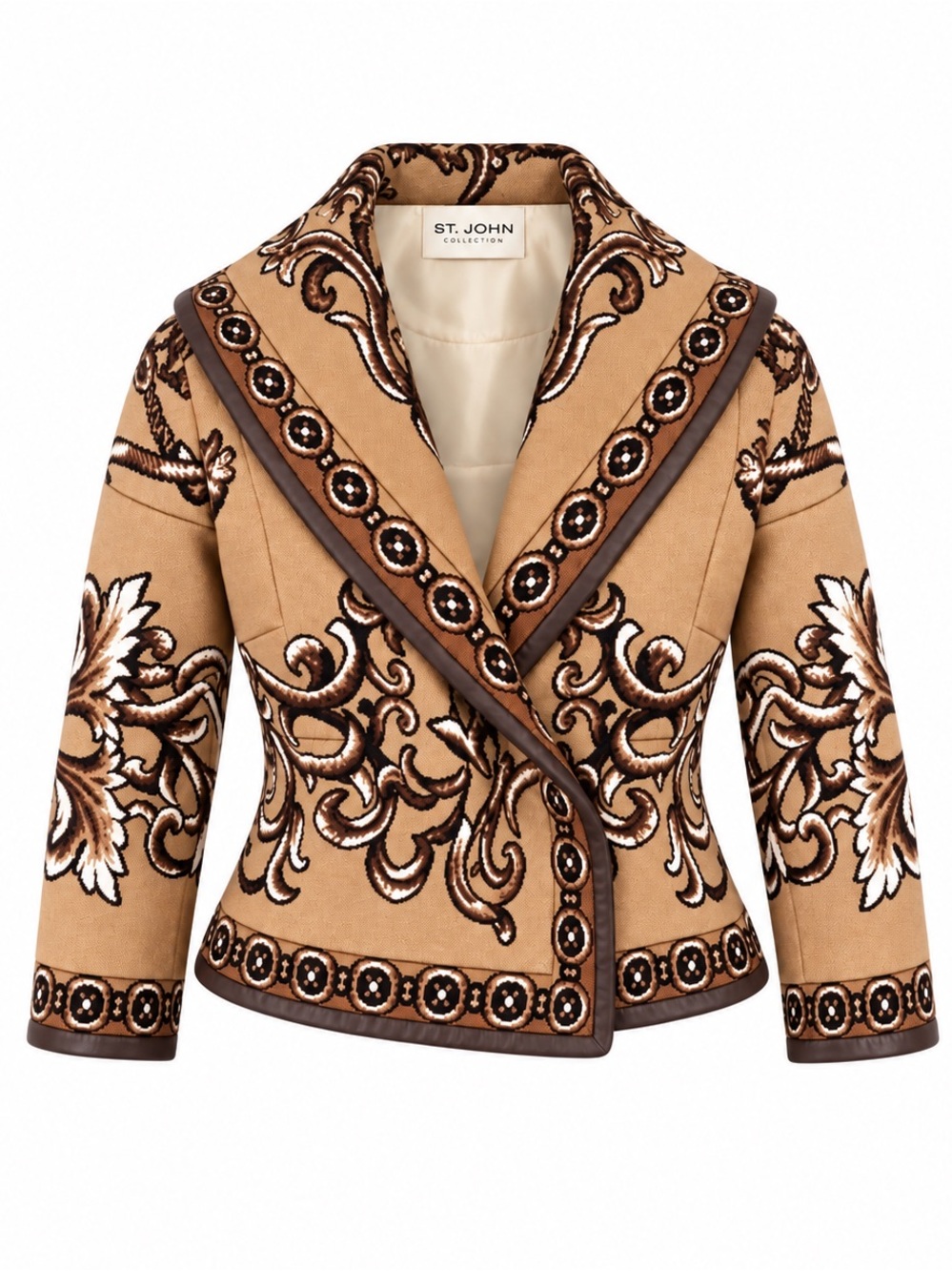 St John Elegant Tan Embroidered  Quilt Blazer Jacket Brown Leather Trim 6 - Picture 3 of 6